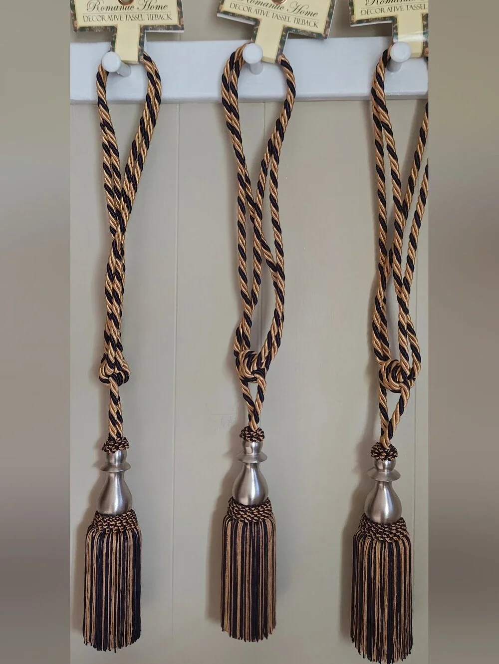Elegant Decorative Gold and Purple Curtain TieBacks With Tassels Set Of 3.